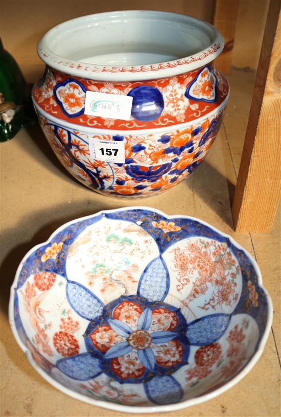 Painted iron red & dark blue Imari jardiniere & small Imari bowl
